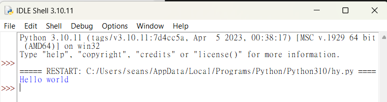 Hello World程式碼在python內建的IDE的示範圖片